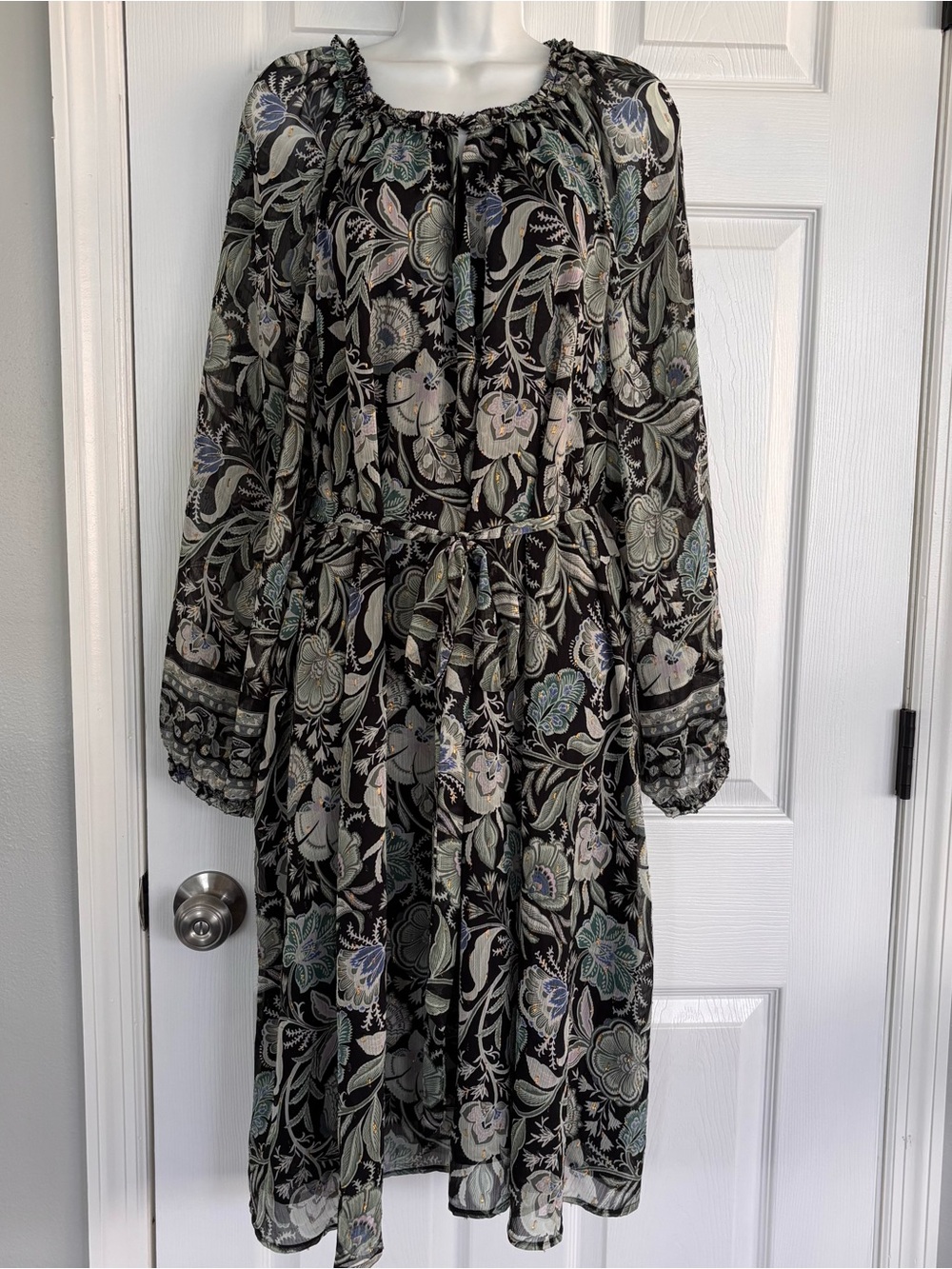 Lane Bryant Black Floral Tie-Waist Long Sleeve Dress